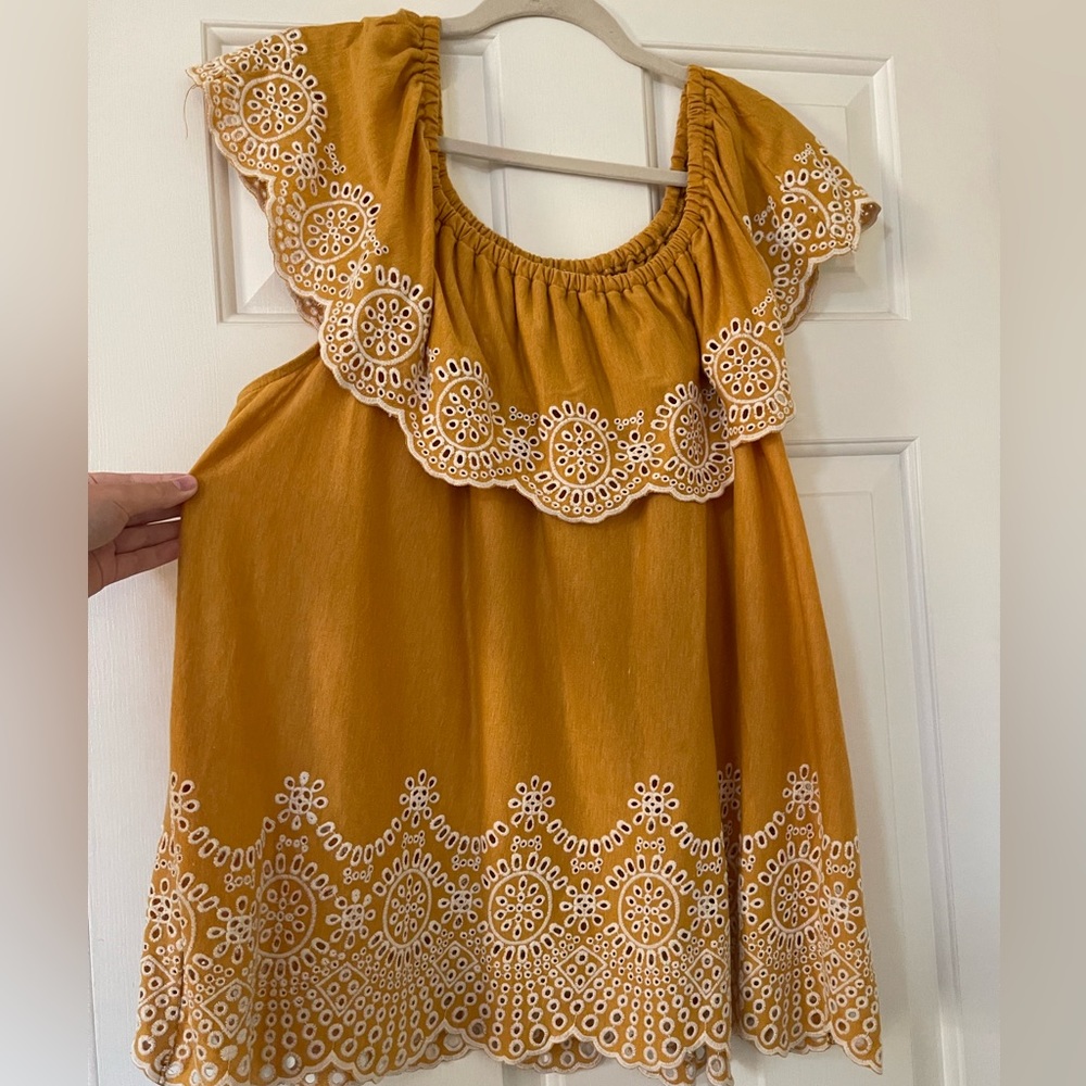 Fever Mustard Color with White Embroidered Off the Shoulder Top